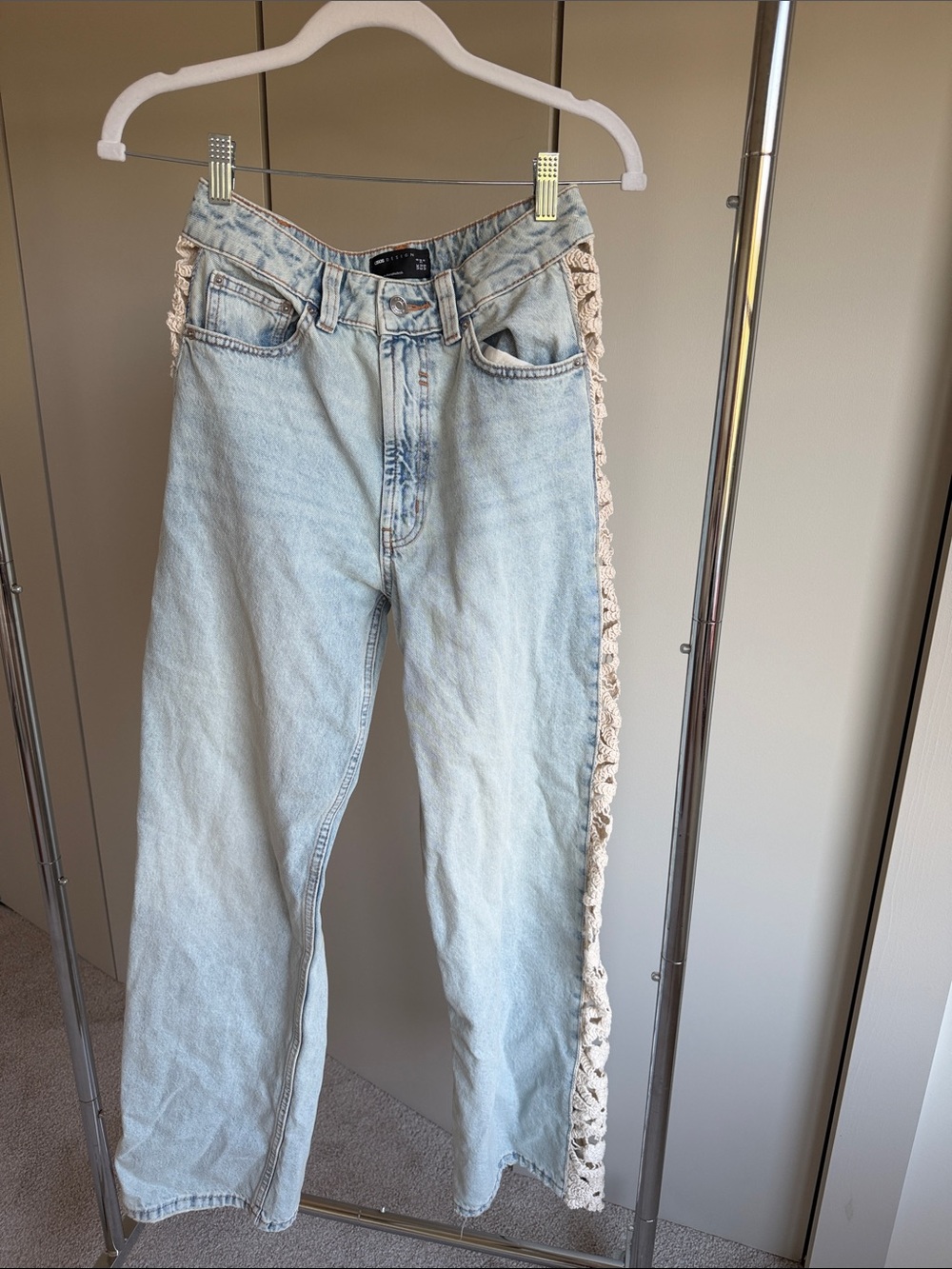 ASOS Light Blue Straight Leg Jeans with Cream Crochet Trim
